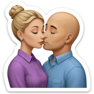 Mid aged Hispanic bald man kissing mid aged dark blonde white woman. She’s wearing a bun. He’s wearing a button down shirt. sticker