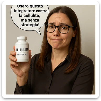 Create a hyperrealistic image of a woman similar to the reference photo. She is holding a supplement and saying: "userò questo integratore contro la cellulite, ma senza strategia!". Her expression is a mix of hope and uncertainty. The style is realistic with a neutral environment. sticker