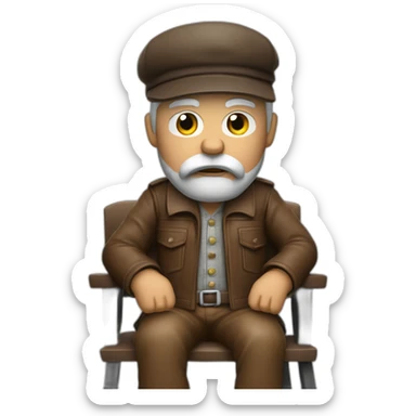 biff wiff short santa beard wearing a brown leather jacket and a tweed driving cap sitting in a folding directors chair looking angry(full body, ios17) sticker