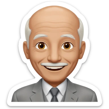 70 yr old man, almost bald, some white hair, pakistani, light grey business suit, big smile, dark brown skin, no moustache
 sticker