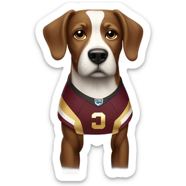 Black white and tan dog in a maroon and gold football uniform  sticker