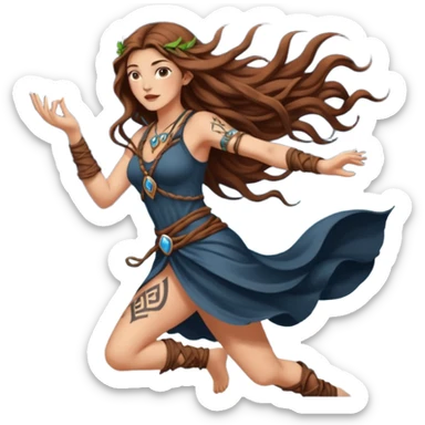 moon druid woman long wavy brown hair tattoos pulling rune card from air sticker
