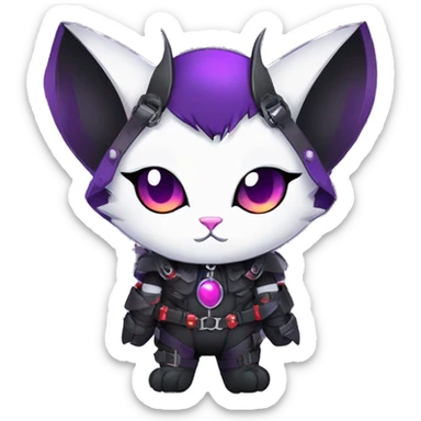 cool kawaii edgy evil techwear black purple red ethereal fantasy beautiful elegant bat-cat-Fakemon wearing legs spats a collar harness with jewelries full body sticker