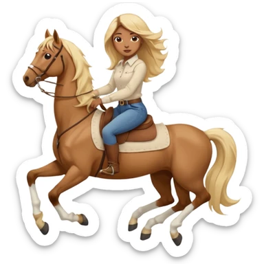 Brown girl with very long blonde/gold hair that’s blowing in the wind wearing a cream colored collared long sleeve shirt and jeans with brown boots on top of a brown horse with 4 legs sticker