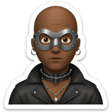 Dark guy wearing leather. Leather mask and heavy steel collar. Also bald wit a little stubble. Nose and ears pierced sticker