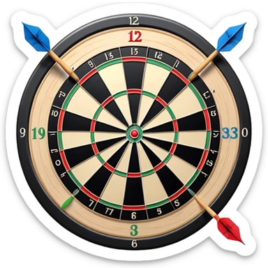 A dartboard with darts firmly stuck in the bullseye, surrounded by the colorful sections of the target. The background conveys a competitive atmosphere, with a subtle focus on precision and skill in the game of darts. sticker