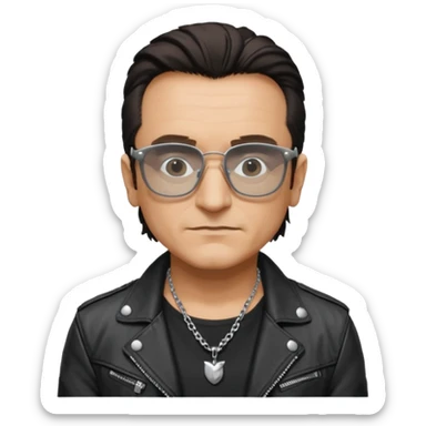 Bono with black glasses, shirt with silver necklace, black leather jacket  sticker