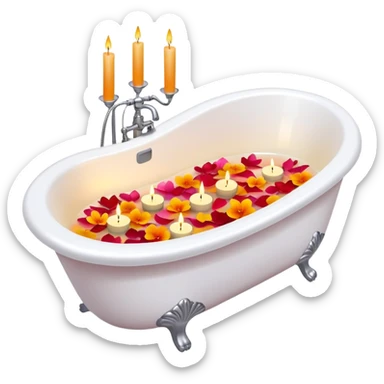 A white bathtub with warm water, with flower petals and scented candles, romantic lush warm colors sticker