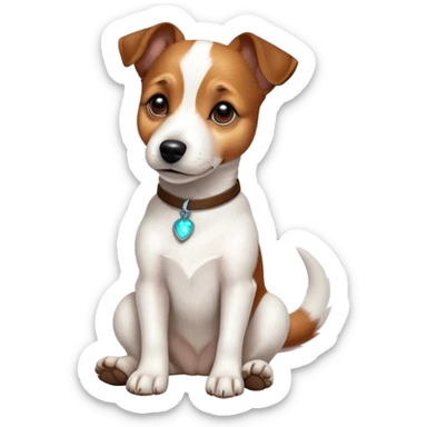 cinematic-[jack Russel terrier]-realistic-full-body-sitting-emoji,-tail-resting-loosely-beside-its-paws,-head-tilted-dramatically, -sleek-[brown and white]-fur,-simplified-yet-realistic-focused-features,-highly-detailed,-glowing-with-an-almost-sarcastic-glow sticker