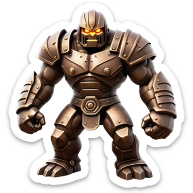 Cinematic Fierce Mighty Iron Golem Portrait Emoji Depicted mid-action in a dynamic, battle-ready stance, massive fists clenched, the ancient metallic plates along its form shifting with raw power. Its eyes blaze like molten fire within a carved, rune-etched face, exuding both divine purpose and mechanical precision. Weathered steel and dark bronze tones are accented by glowing, arcane inscriptions, each detail meticulously crafted with lifelike metallic reflections. High shine, imposing yet regal, styled with an air of indestructible might, soft glowing outline, capturing the essence of an unstoppable colossus that looks ready to charge forth with a thunderous step! sticker