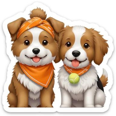 Two playful doodle-like dogs, one light brown with a tennis ball in its mouth, the other black and white with an orange bandana sticker