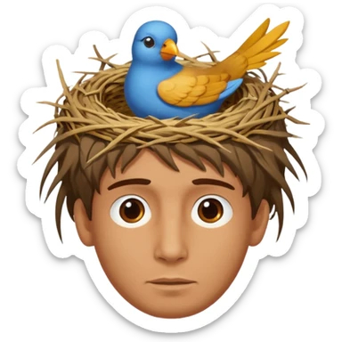 Man who has a birds nest on top of his head for hair sticker