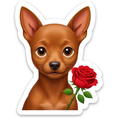 a little brown pinsher, who give a red flower sticker