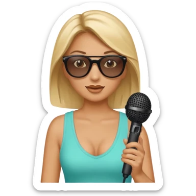 woman with summer clothes and sun glasses holding microphone sticker