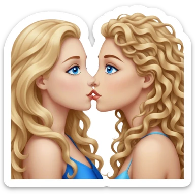 beautiful woman, long curly blonde hair, blue eyes kissing beautiful woman, long straight brown hair, blue eyes,  sticker