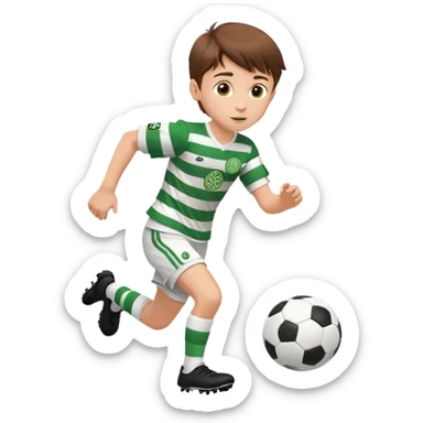 Celtic footballer jersey logo  6 years old brown hair white boy , brown eyes , stripes uniform , RUNNING  with soccer ball # 17 celtic football logo PUT ONLY ONE LOGO ONE CELTIC LOGO ONLY white shorts sticker