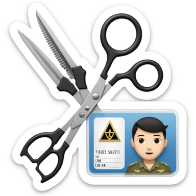 Floating black Scissors cutting in half an idf soldier ID card with a little chip in 2 parts sticker