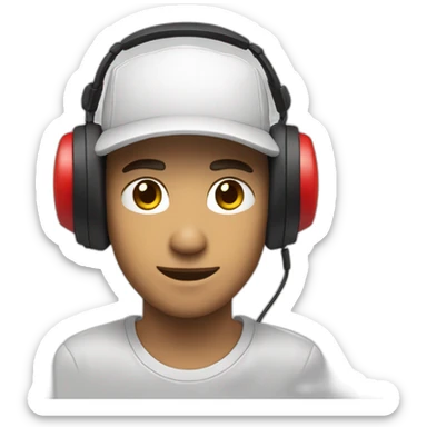 jeune homme gamer avec un casque micro, serieux, une casquette blanche sticker