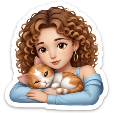 cute balayage curly/wavy haired girl, hoop earrings, brown eyes, clean girl makeup sleeping with her calico kitten sticker