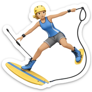 A person wakeboarding with one leg forward, the other bent for balance, leaning slightly back while holding a tow rope. Wearing a blue top, black shorts, gray boots, on a yellow board with small water splashes below. sticker