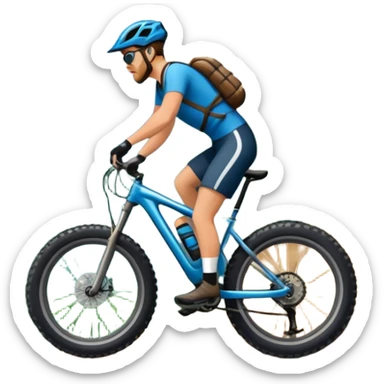 An icon featuring a forest trail or rocky mountain road. The background shows dense trees, steep slopes, and distant peaks under a clear blue sky with mountain bike with wide tires, positioned on  Transparent background highlights the thrill and rugged beauty of mountain biking. sticker