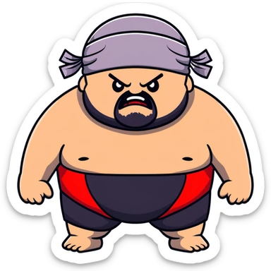 Extreme close-up of face of morbidly obese white skin guy with young face, prominent BLACK DURAG tied clearly on head, black beard but no mustache, clean shaven upper lip, black eyes in a red and black wrestling singlet with angry expression sticker