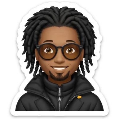 African American man brown skin complexion with black dreadlocks shoulder length wearing black bubble winter coat wearing black sunglasses sticker