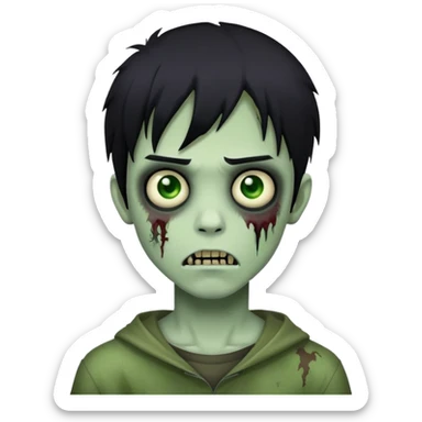 boy zombie with black hair, medium length, emo style, dark and spooky, green skin, creepy face sticker