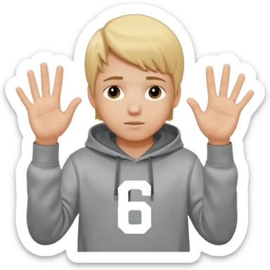 a white kid blone hair with a grey hoodie and his above his hands saying 67 one 6 on 1 hand 7 on the other sticker