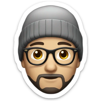 white young man with round glasses and black straight short hair and short black thin beard with a beanie hat sticker