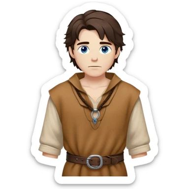 Medieval spring outfit worn by a DnD themed fantasy male character. Rustic tan wool tunic with bone toggle closures, secured by a twisted leather cord belt. Clothes only above the waist, full waist coverage. The character has no arms. Character is white-skinned with dark honey hair, steel blue eyes, and medium-length tousled hair with natural highlights. sticker