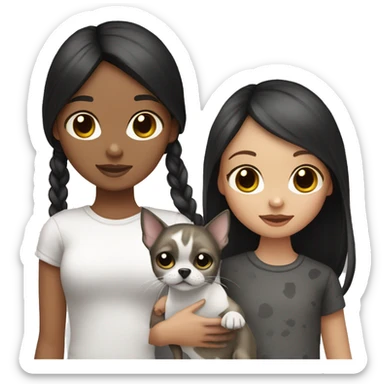 girl with dark brown hair holding a grey and black tabby cat and a white with black spots Chihuahua  sticker