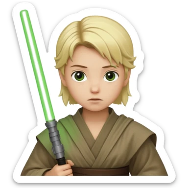Young jedi with blonde hair holding a green lightsaber sticker