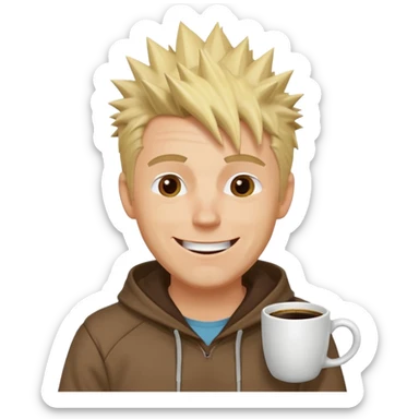 A spiky-haired blonde guy in his 40s with laugh lines, a coffee-stained hoodie, and the confident smirk of someone who's seen some things but is still having the time of his life. sticker