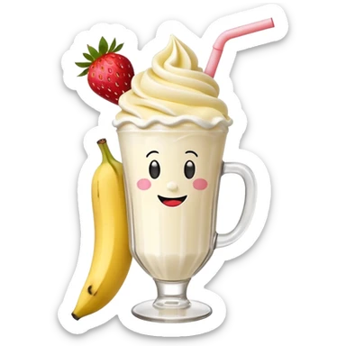 Milkshake vanilla with a banana sticking out of the milk shake it and two strawberries on both sides of the banana at the very tip of the banana, whipped cream and a smiley face sticker