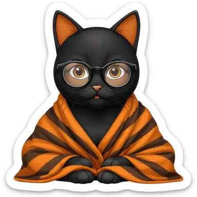 Black female cat on computer, long eyelashes, straight black hair, round glasses and she wears a blanket with an orange pattern sticker