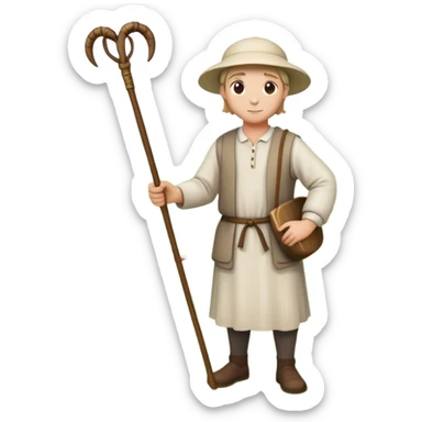 An emoji-style depiction of a shepherd. A person wearing simple, traditional clothing, holding a wooden staff (crook), standing near sheep or leading them. Often outdoors, in a field or hillside setting, symbolizing care, guidance, and rural life sticker