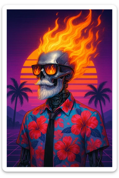 A futuristic android skeleton with a shiny silver skull, mechanical neck and shoulders, and a neat white beard. Wearing sunglasses reflecting fire, with a mane of flames from the head. Outfitted in a vibrant Hawaiian shirt (red hibiscus, pink/blue gradient) and a black tie. Exposed glowing tubes beneath the collar. Background: neon synthwave sunset, stylized sun, palm trees, retro 80s color palette. Style: cyberpunk, vaporwave, retrofuturism. sticker
