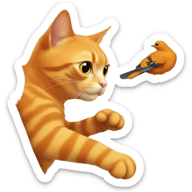 Orange cat stalking a little bird in a tree sticker