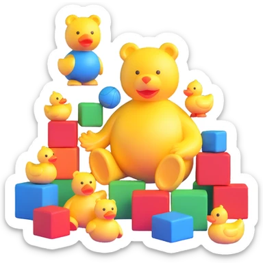 colorful scattered toys - teddy bear, rubber duck, blocks, ball, superhero figures sticker