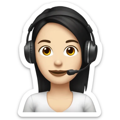 black hair white girl in a black headphones，sipping an iced Americano while holding a laptop sticker