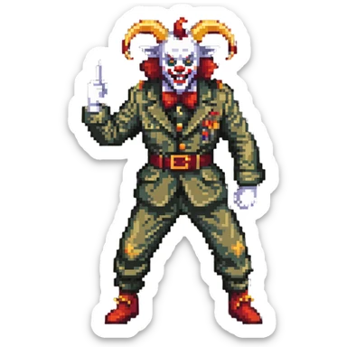 evil clown soldier with billy goat horns, fangs, pointed ears, leisure suit, fighting stance sticker