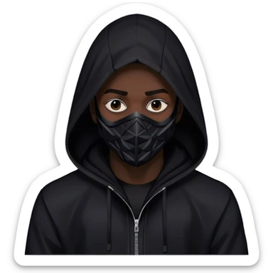man with black hooded jacket and a full black full-face geometric mask with only black sticker