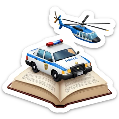 Icon for Action & Crime Reading: an open large book with text on the pages, a police car is driving out, with explosions behind, a helicopter flying above, a pistol with bullets in the front. The icon should capture the thrilling action and suspense of crime stories. Transparent background. sticker
