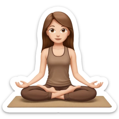 Brown long hair, white girl sitting on a beige rug doing yoga, brown clothes sticker