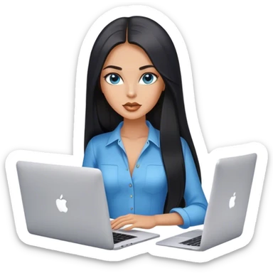 Glamours tanned very beautiful girl with pump nude lips and black straight smooth long hair, blue-grey eyes in beautiful clothing with MacBook. sticker