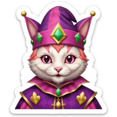 court jester cat medieval, single poker card joker clearly visible, pink, face only, court jester cap sticker