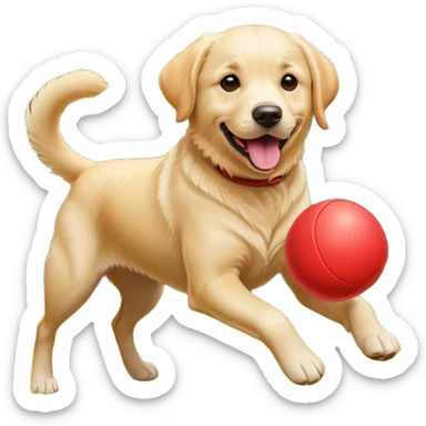 A Labrador Retriever playing fetch with a ball in a backyard garden, mid-action with joyful expression. Natural sunlight, realistic motion blur, outdoor realism. sticker