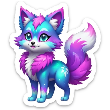 Vibrant multicolored neon-colored Falvie-Fionbri-creature-sparkle-feline-canine-hybrid-fursona, full body sticker