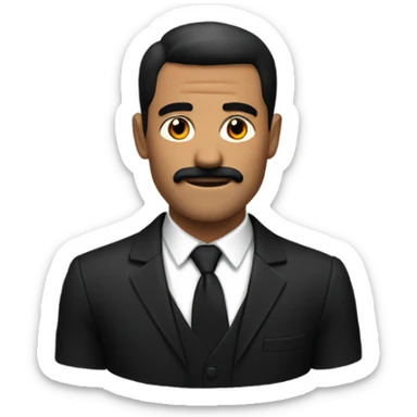 Man with black suit and red band on the arm of it with a black haircut and a short black mustache  sticker